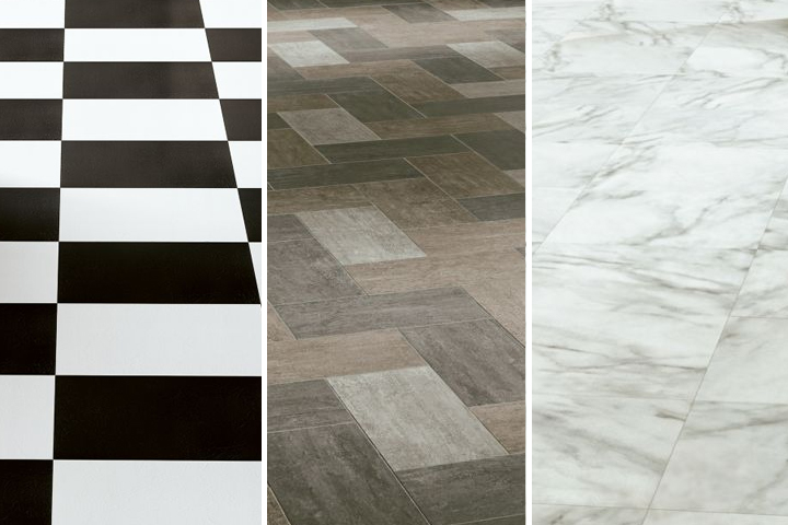 vinyl tile available in black and white, wood look, and marble look