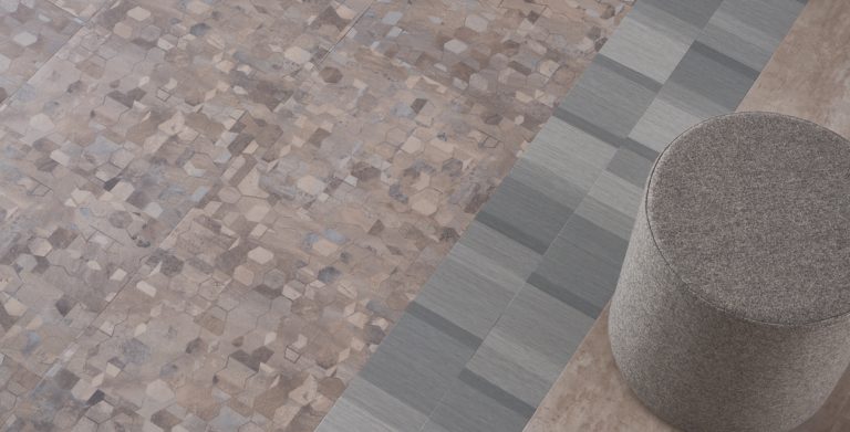 Coalesce merges unexpected combinations of pattern into a cohesive, balanced story. Designs were inspired by artisan textiles and mosaics. It is a 2.5 mm LVT with Diamond 10 Technology and is domestically produced.