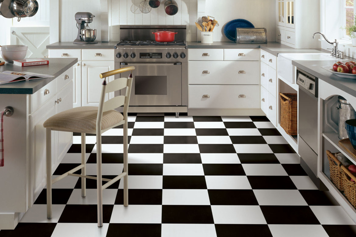 checkerboard flooring pattern for the kitchen - Norwalk Vinyl Tile Black & White A7102 & A7100