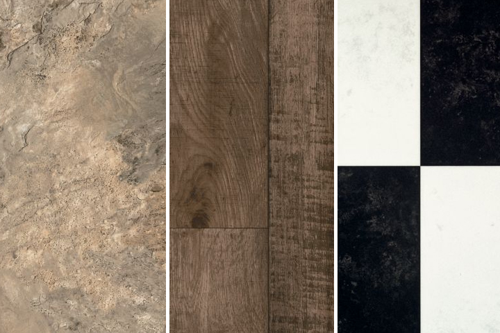 vinyl sheet is available in stone, wood, and black and white styles