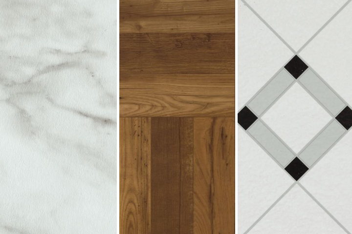 vinyl tile has stone, wood, and checkerboard styles available