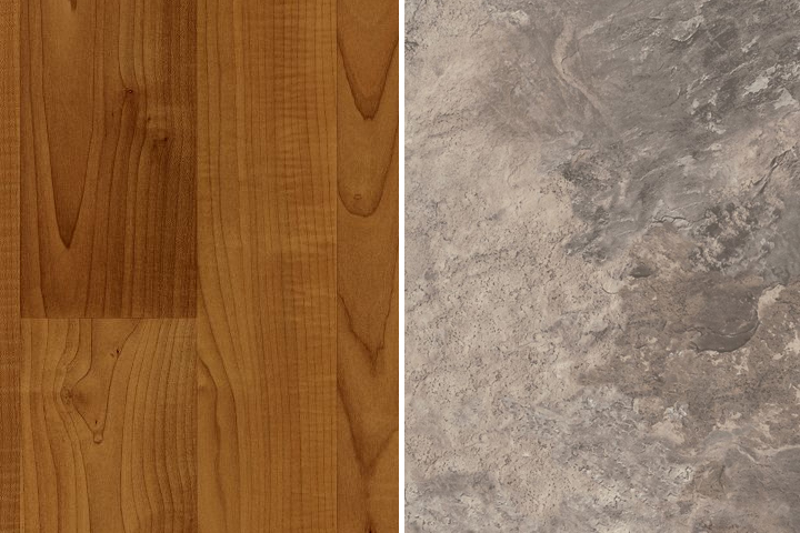 vinyl sheet in hardwood and stone looks