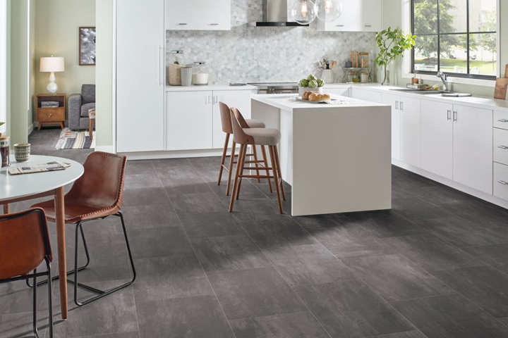gray vinyl sheet flooring in a kitchen - B6323