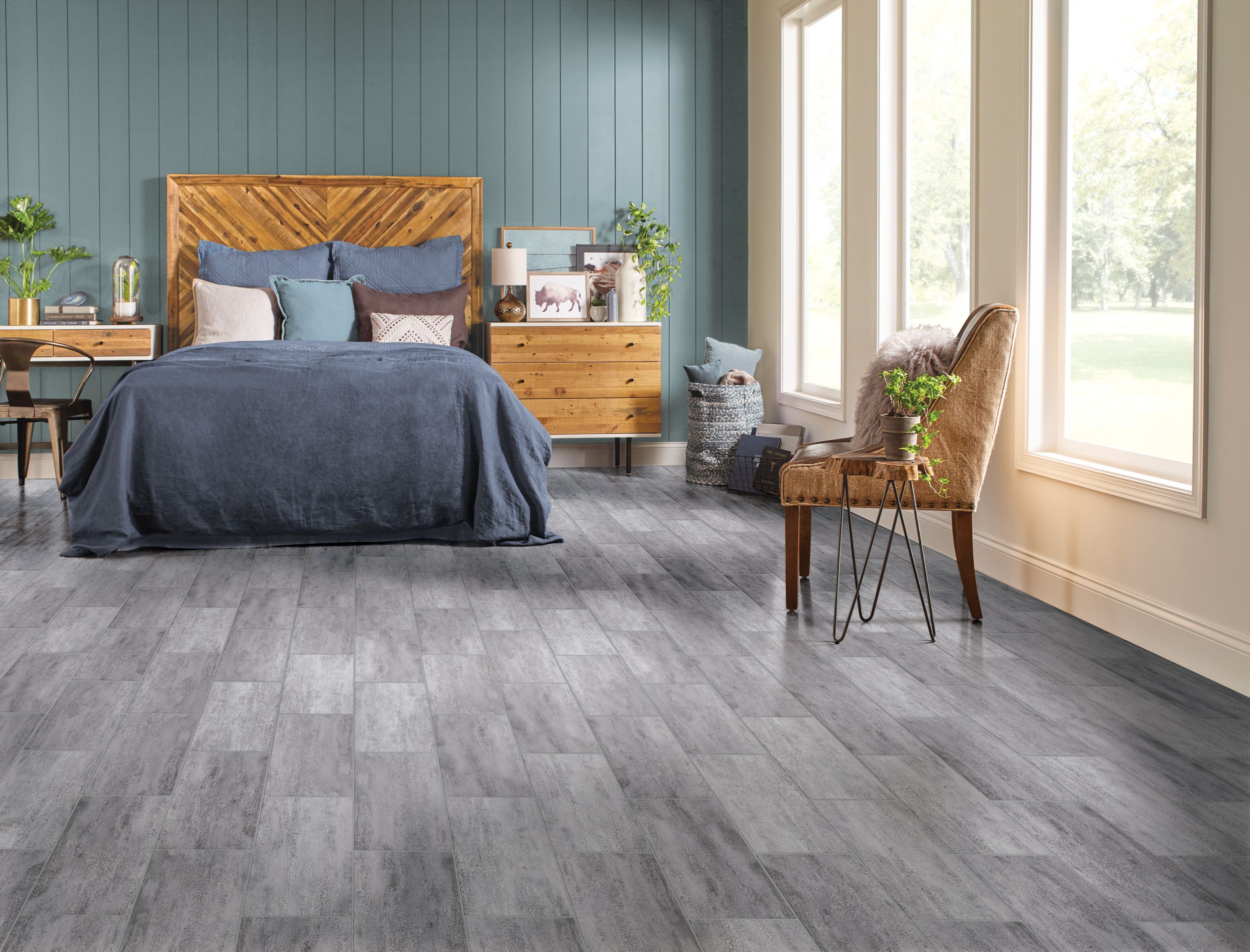 Bedroom flooring with PRYZM rigid core hybrid flooring